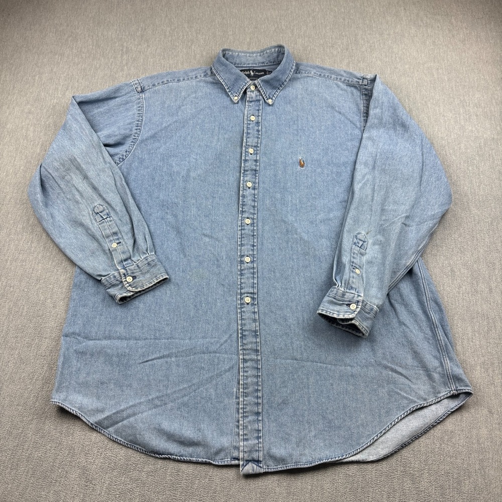 Vintage Ralph Lauren Shirt Mens 2XL Flesh Pony Cotton Denim Button Down 90S